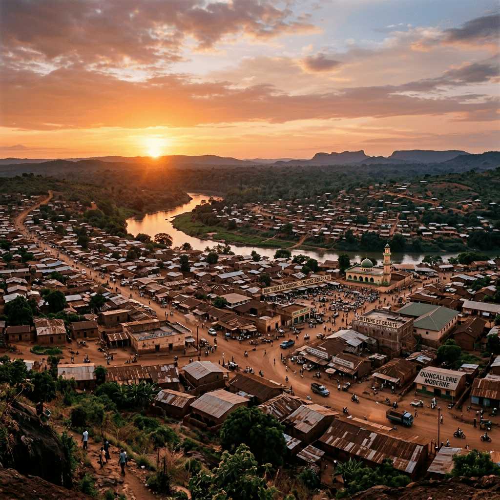 Riverside village with buildings, mosque, and river at sunset